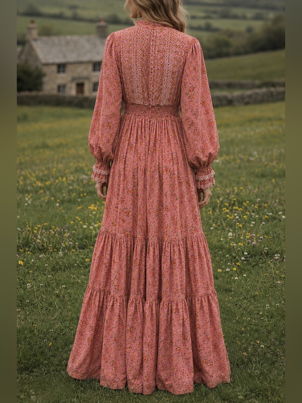Romantic Prairie Floral Cotton Maxi Dress Embroidered Boho Cottagecore - Picture 2 of 12
